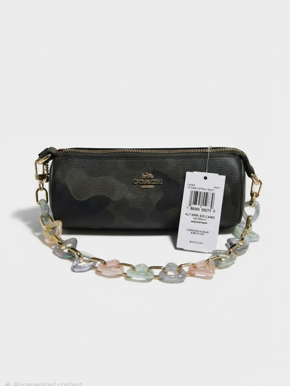 Coach Nolita Barrel Bag in Signature Camo (Dark Cypress) with Iridescent Chain